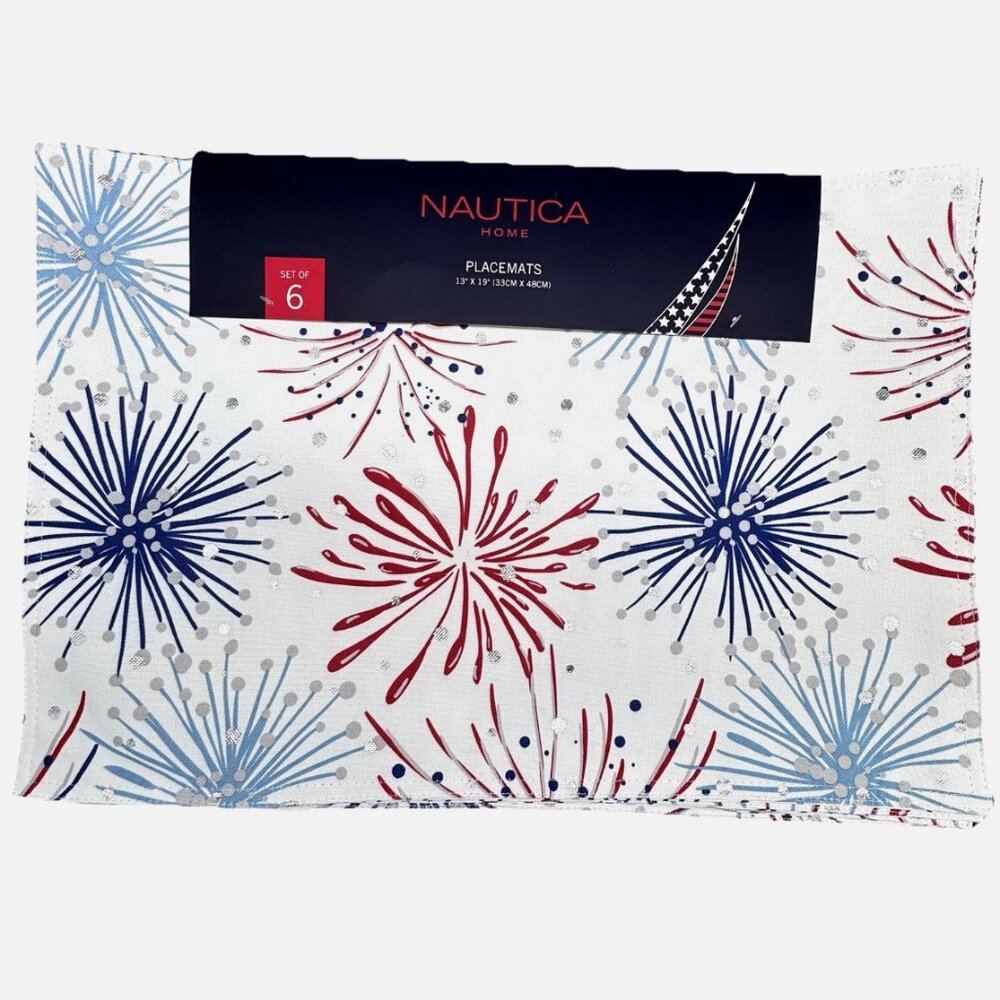 x6 Nautica 4th of July Fireworks Placemat Set Silver Foil Red Blue In/ Outdoor